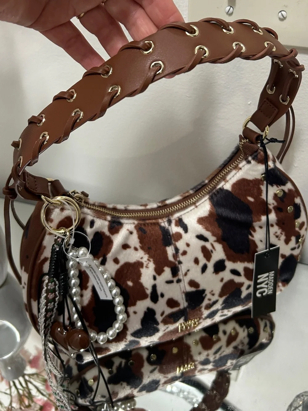 Madden NYC Cow Print Faux Fur Hobo Shoulder Bag Western NWT